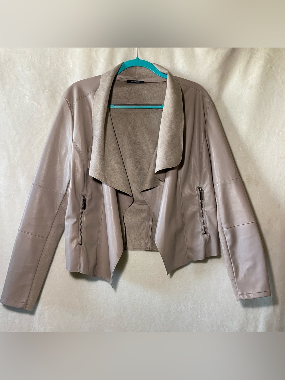 Draped Taupe Faux Leather Jacket with Zip Pockets
